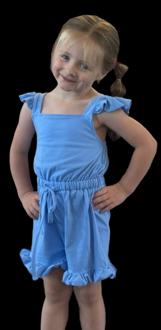 Girl's Ruffle Romper- Ocean Blue Tied Waist