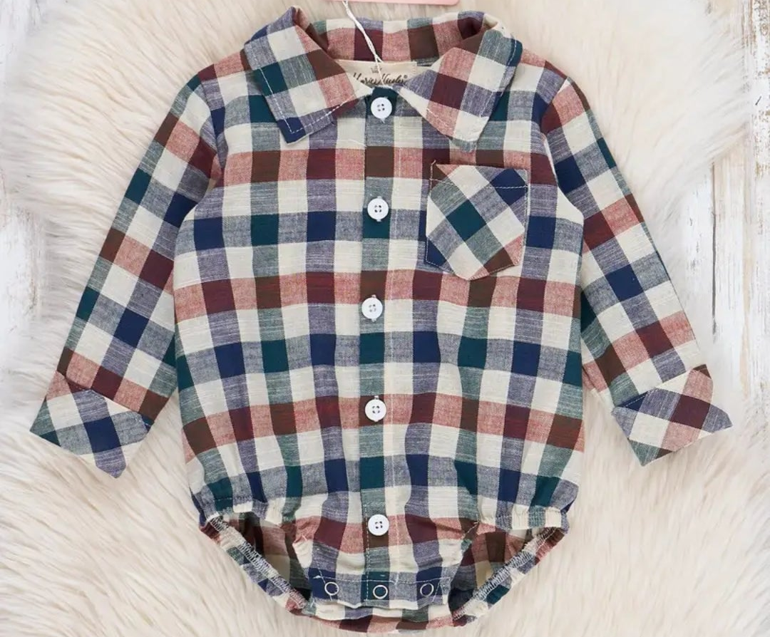 Baby Boy Fall Vintage Plaid Button Up Bubble