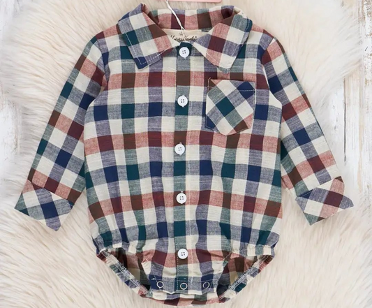 Baby Boy Fall Vintage Plaid Button Up Bubble