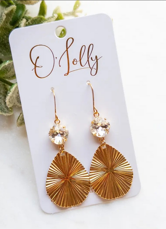 "Kaylee" Clear Stone w/ Gold Textured Teardrop Earrings