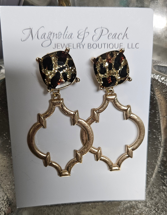 Leopard Glitter Stud & Gold Pendant Stud/Post Earrings