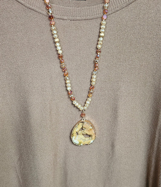 Glittering Geode Beaded Necklace w/ Stone Pendant