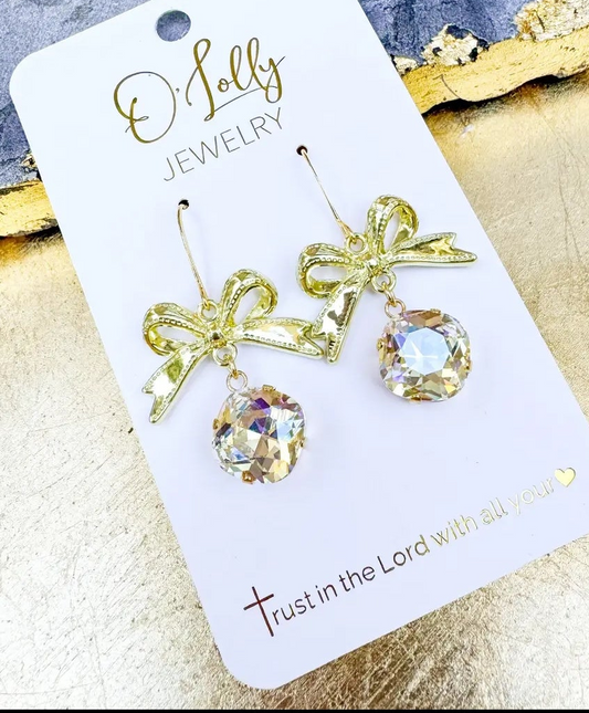 "Bella" Gold Bow w\ Clear Stone Earrings