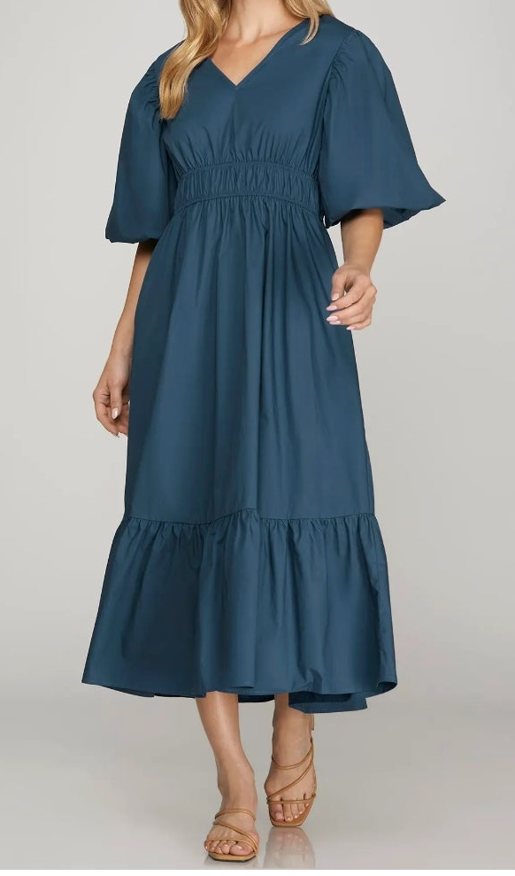 Bubble Sleeve Midi Dress with Pockets