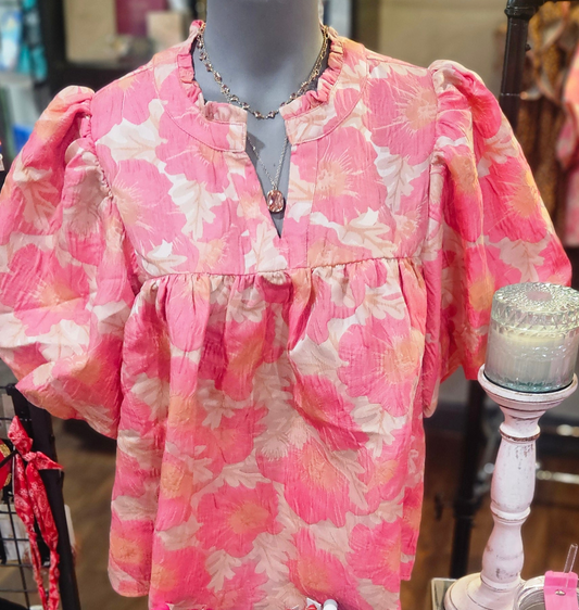 Floral Satin Weave Jacquard Babydoll Top Pink