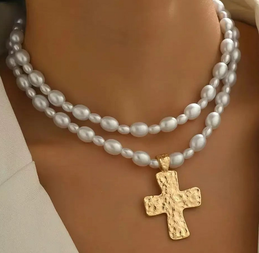 Layered Cross Pearl Necklace