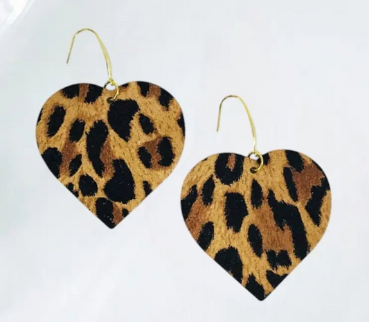 Mini Tan Cheetah Leather Heart Earrings