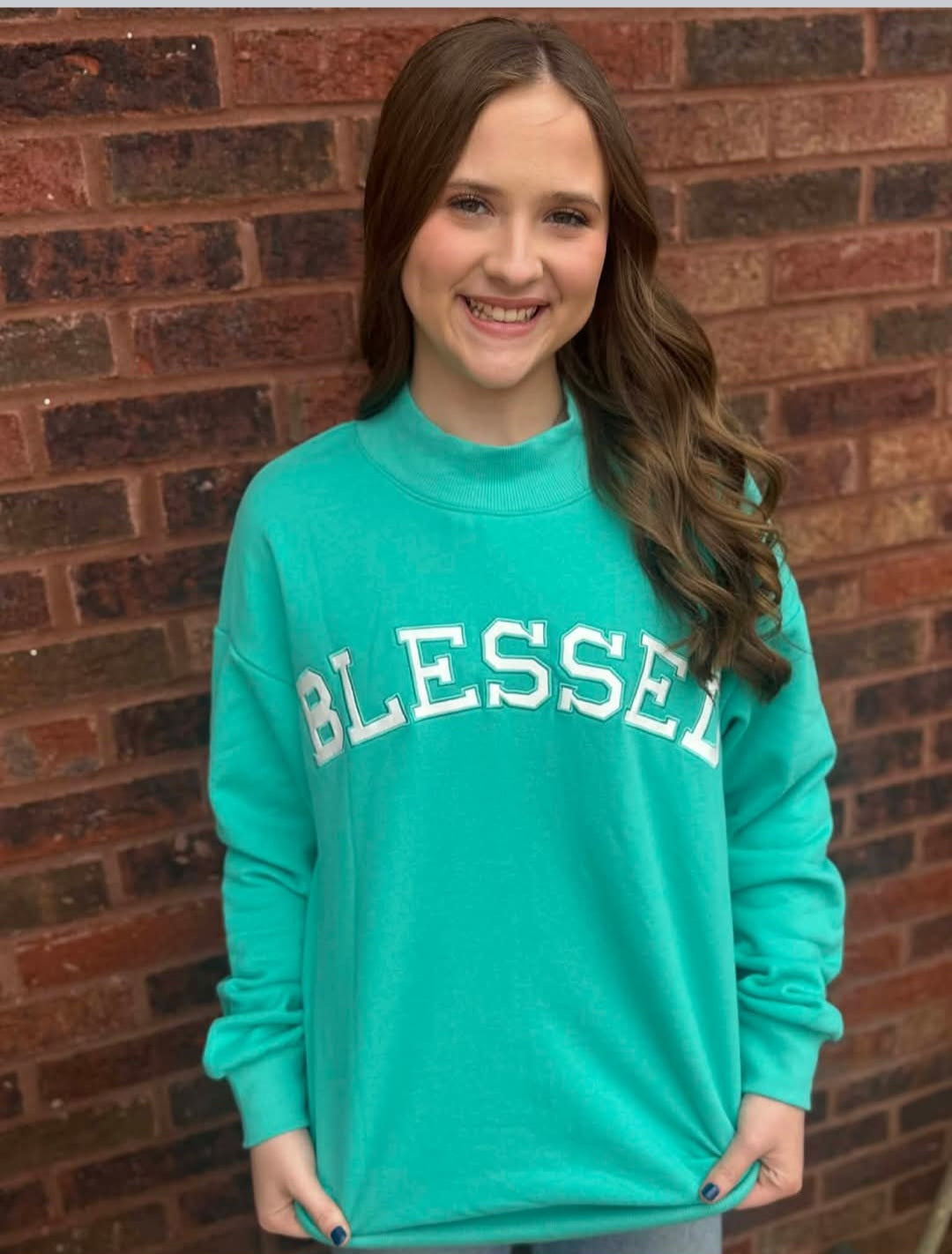 Blessed Embroidered Mocked Neck Sweatshirt