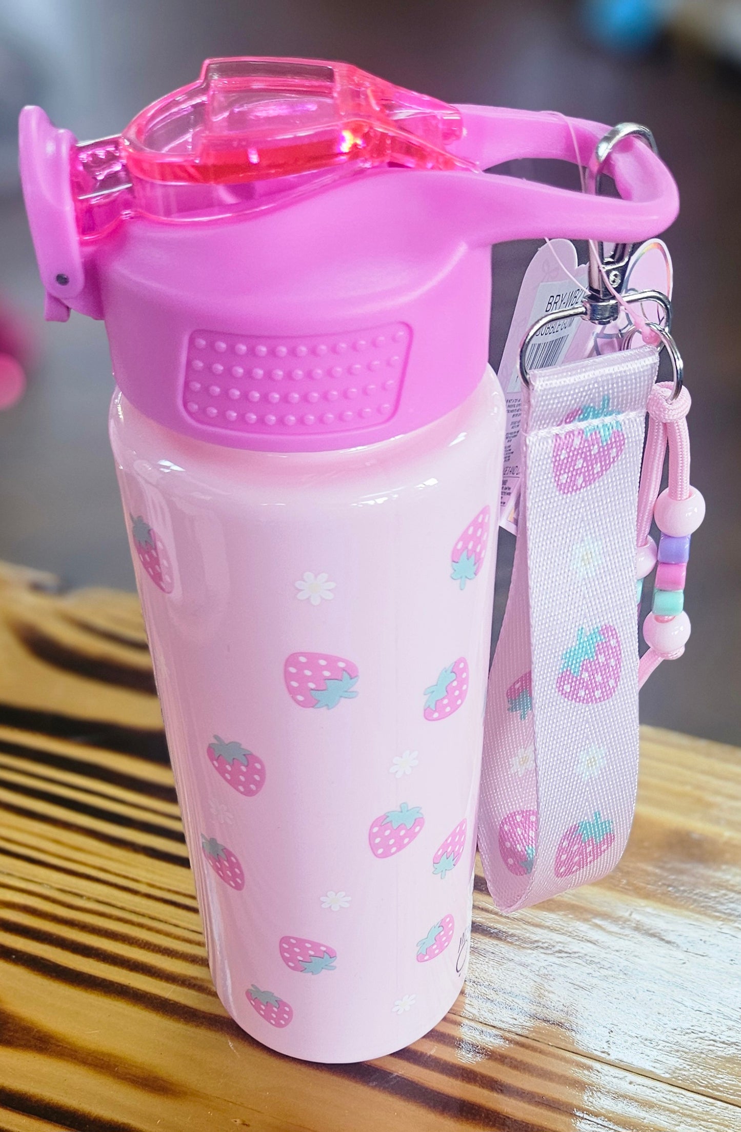 Strawberry Printed Plastic Water Bottle w/ Wristlet