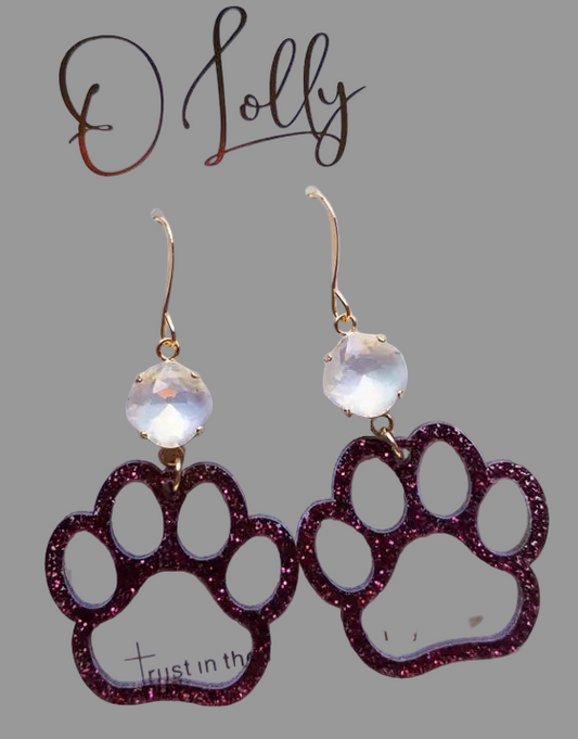 Glitter Maroon Acrylic Paw Print w/ White Stone Earrings