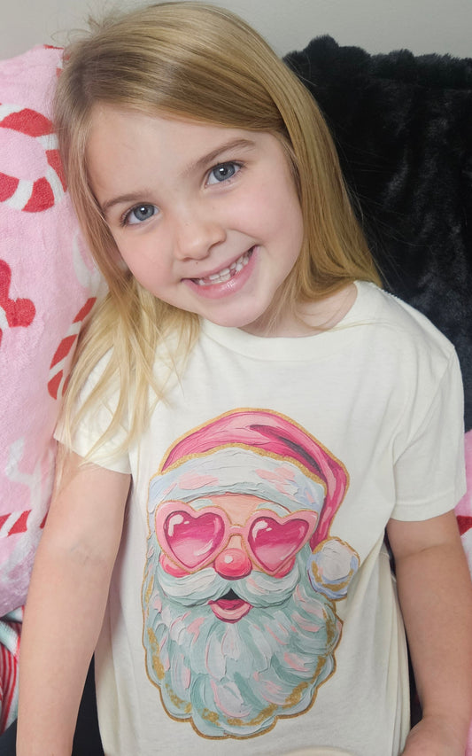 Kids Santa With Heart Shaped Glasses Christmas Tee