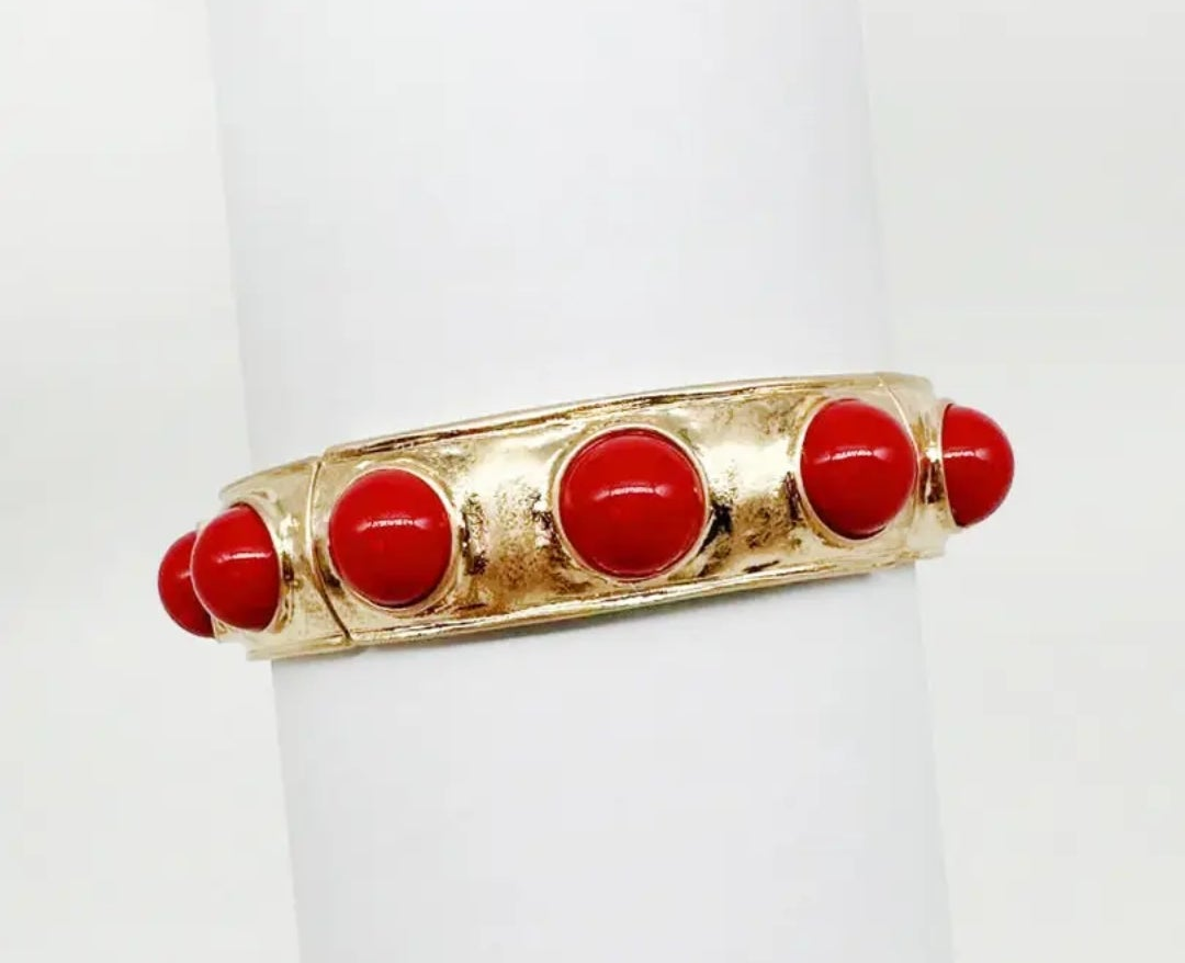 Red color coated studded w/ gold hammered stretch braclelet