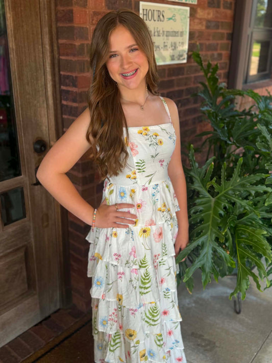Floral Print Back Smocked Tiered Midi Dress