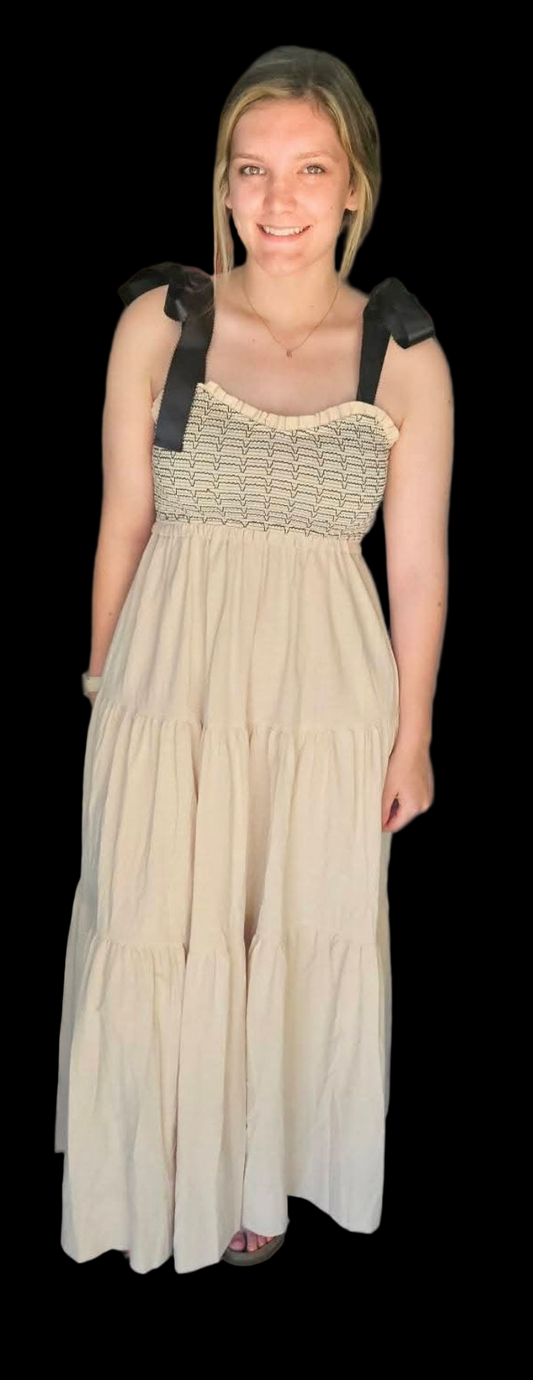 Taupe Satin Tie Smocked Maxi Dress