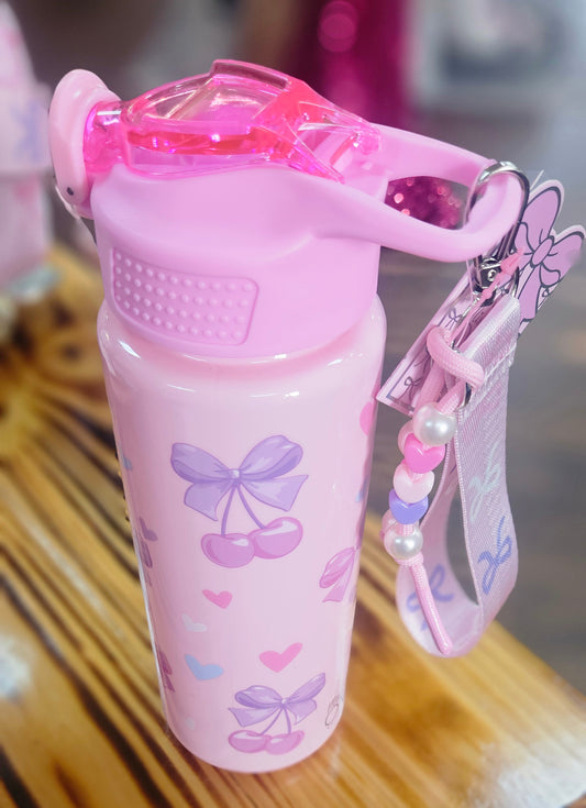 Cherry Bow Printed Plastic Water Bottle w/ Wristlet