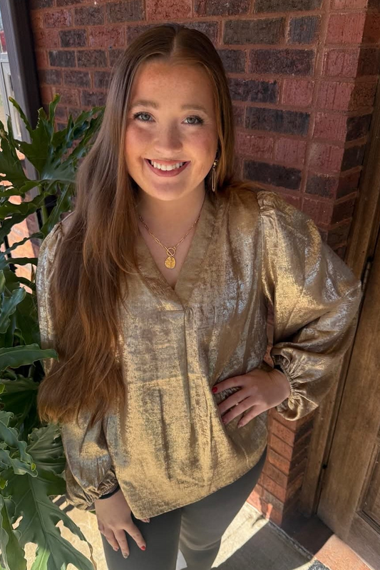 Gold Metallic Foil V Neck Balloon Sleeve Top