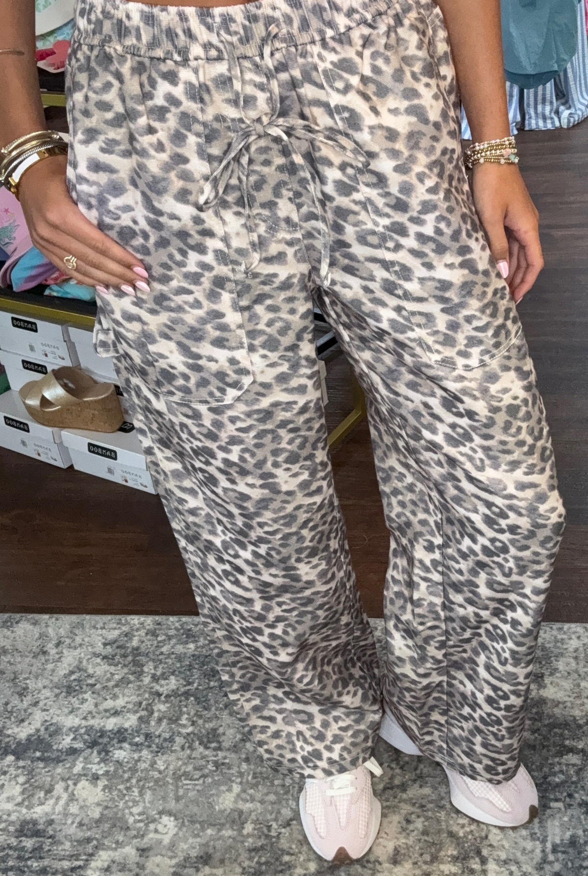 Elastic Waist Leopard Print Cargo Pants