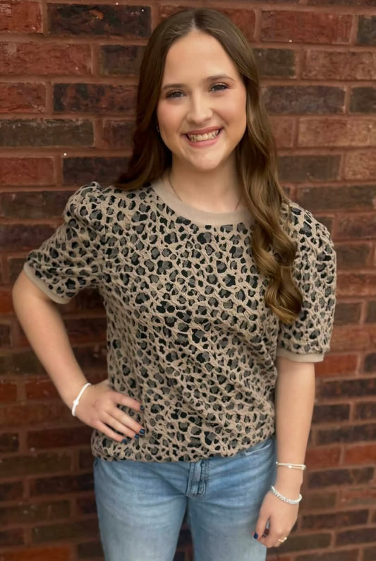 Ribbed Leopard Print Round Neck Short Sleeve Top