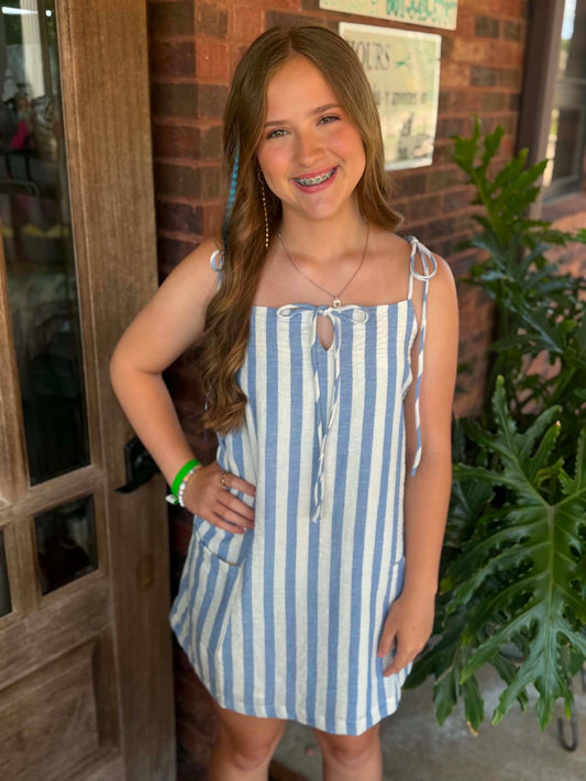 Stripe Cotton Gauze Tie Shoulder Mini Dress w/Pockets