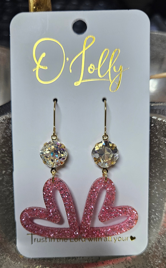 Pink Glitter Open Heart Acrylic Earrings with MI Stone