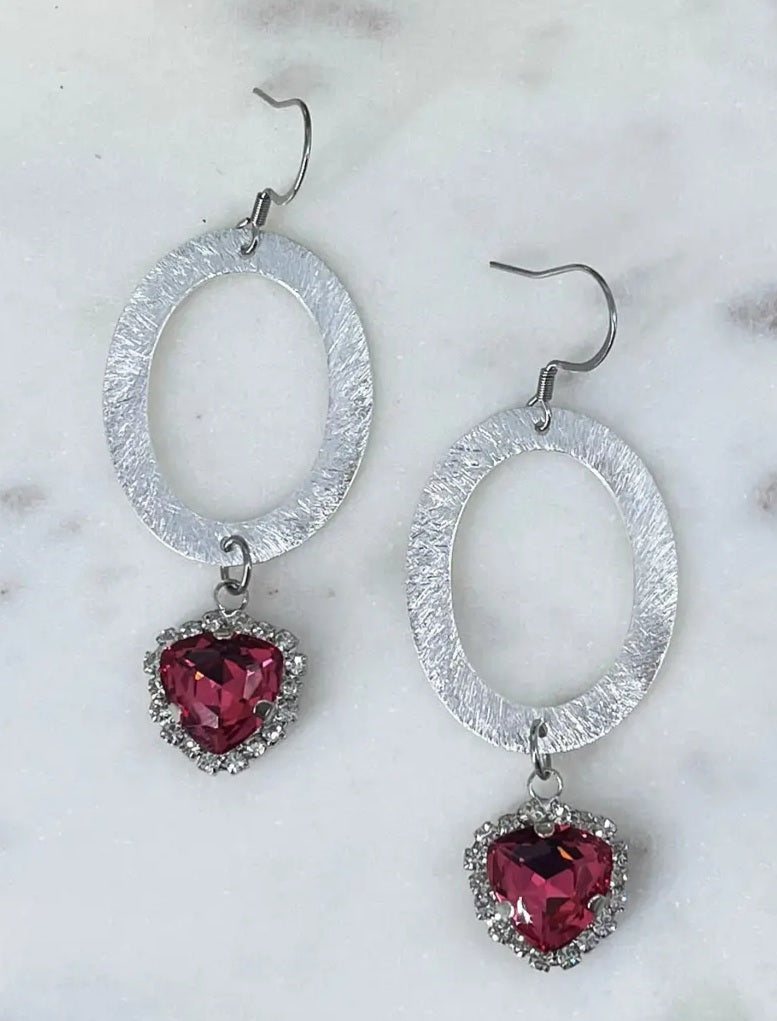Brushed Silver Oval & Rhinestone Drop Earrings