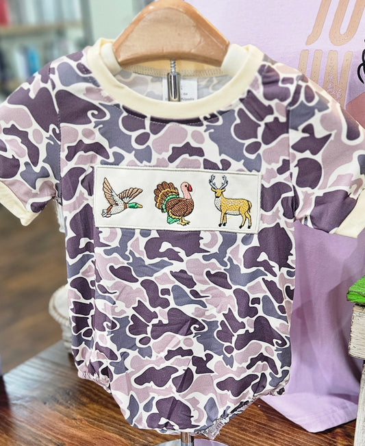 Baby boy camouflage deer applique romper