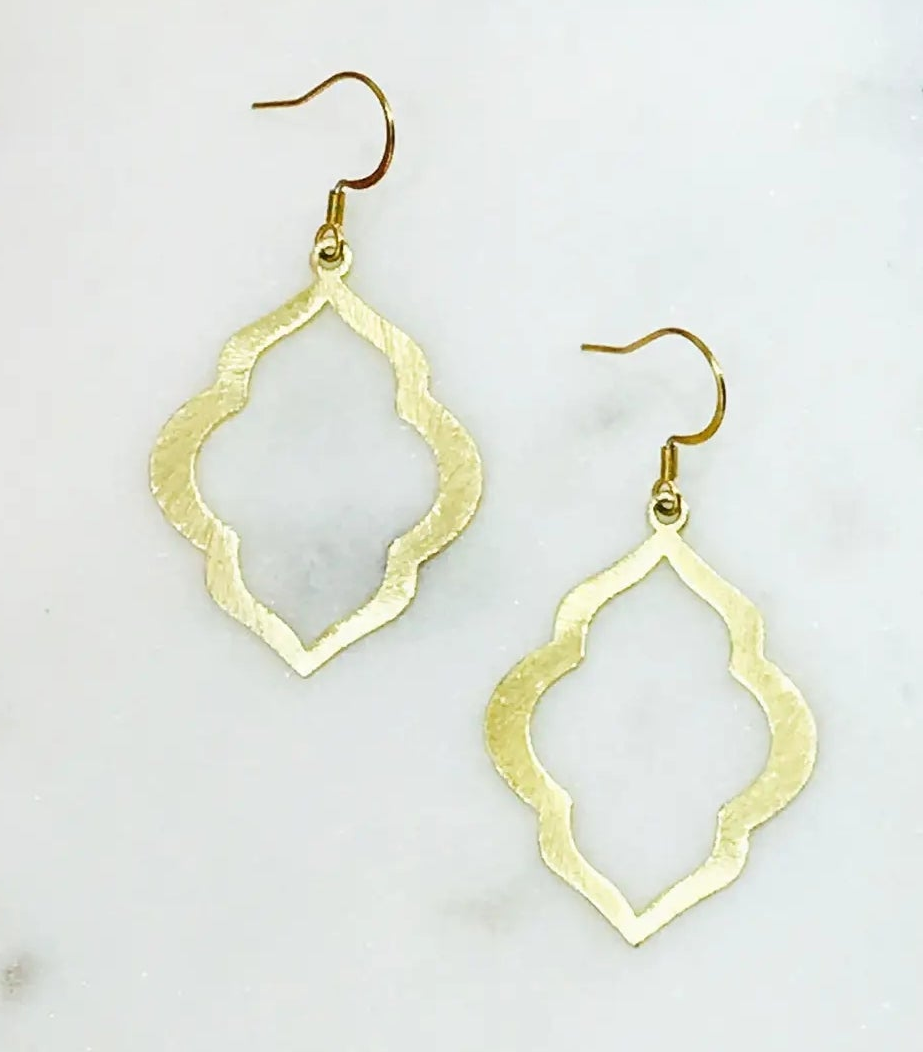 Large Brushed Gold Marquise Pendant Earrings