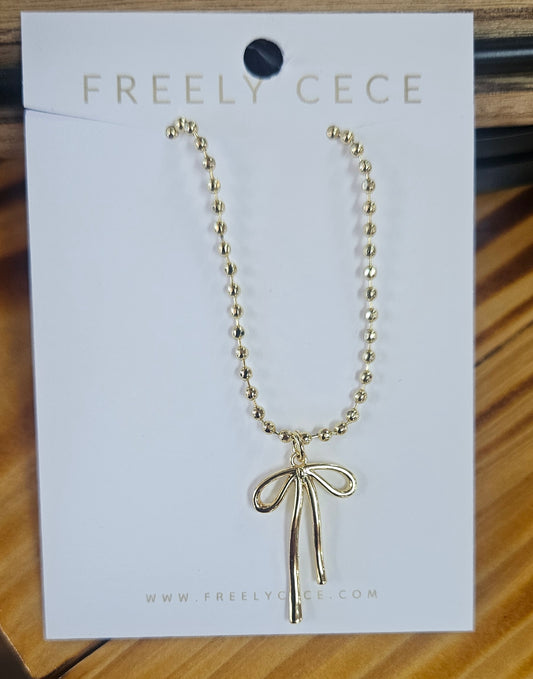 Gold Bow with Ball Chain Necklace