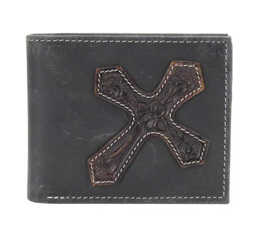 American Bison Oil Pull Up Bi-Fold Wallet Tooled Cross
